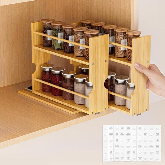 Jolitac Bamboo Pull Out Spice Rack for Cabinet, Slide Out Drawers, Space-Saving Seasoning Kitchen Pantry Sliding Vertical Organization, Easy to Install, 6" Wide, 2 Drawers(1.85" Wide), 2-Tier