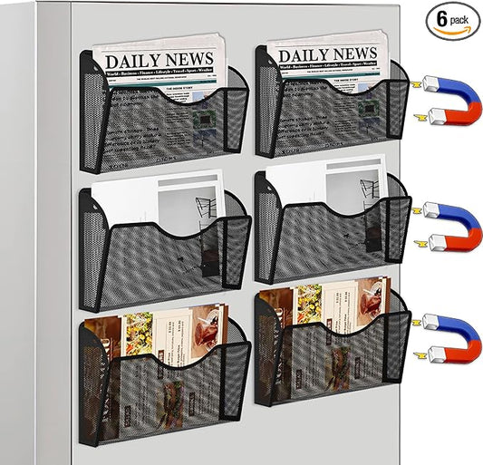 6 Pack Magnetic File Holder, Magnetic Pocket Wall File Holder, Mesh Wall Paper Organizer, Vertical Mail Basket, Storage Organization Magazine Rack for Office, Home and School