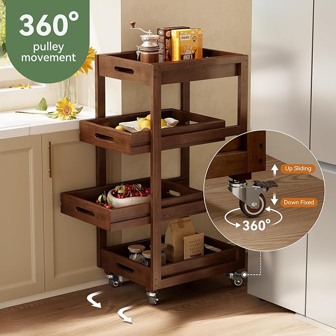 Solid Wood Storage Cart, 4-Tier Slim Kitchen Rolling Cart with Wheels, Narrow Mobile Utility Organizer Shelving Unit for Small Space, Living Room, Dining Room, Laundry, Walnut