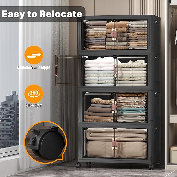 Stackable Storage Bins with Lids & Wheels & Door, Foldable Collapsible Closet Organizers, Extra Large Plastic Storage Drawers for Bedroom Dorm Office Garage (Dark-120qt, 4Pack with 1 top lid)