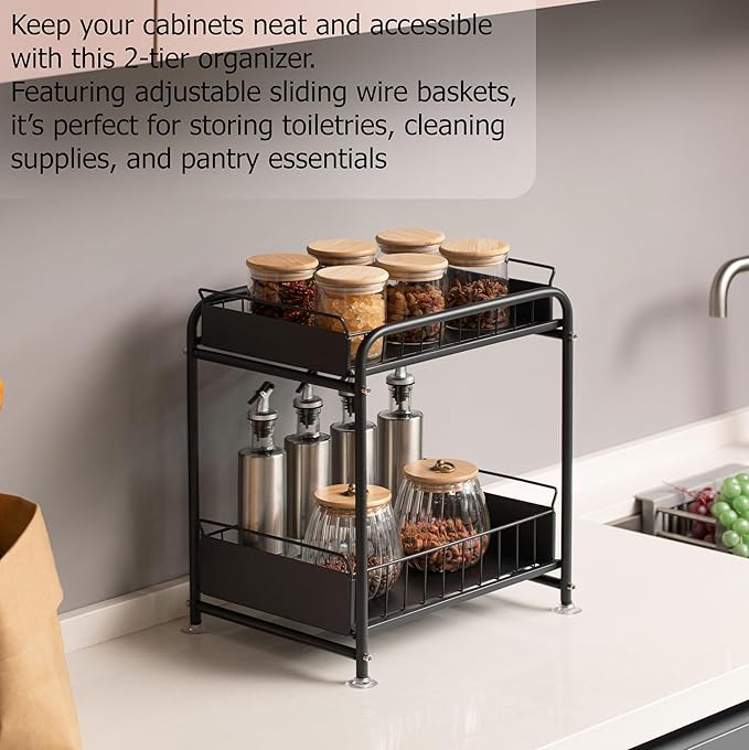Basicwise Under Sink Organizer Sliding Wire Baskets Adjustable 2-Tier Metal Storage Rack for Bathroom Kitchen or Utility Cabinets Pull-Out Shelf for Toiletries Cleaning Supplies & Pantry Essentials