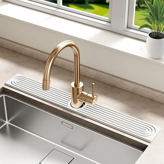Stone Faucet Mat for Kitchen Sink - Quick Dry Diatomite Sink Splash Guard, Prevents Moisture Buildup & Water Stains, Water Absorbing Stone Tray for Bathroom Countertop (White, 30" x 4")