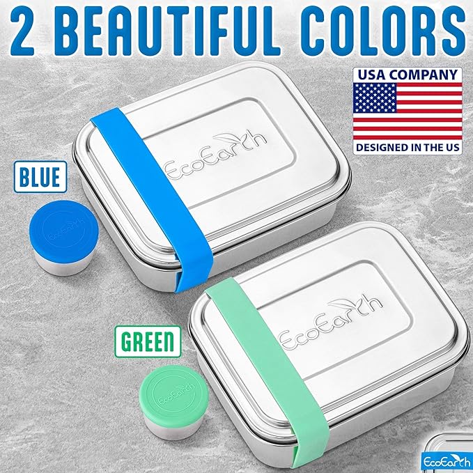 EcoEarth Stainless Steel Bento Box - 27 oz - Leakproof Metal Lunch Boxes for Adults with 3 Compartments - Small Tin Food Containers with Condiment Cups - Snack Box for Work - Blue