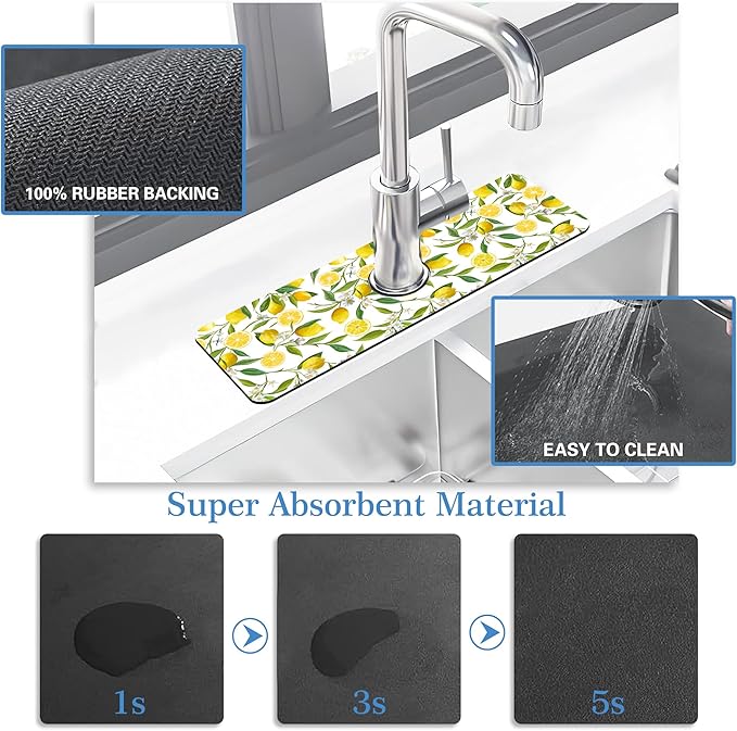 Lemon Fruit Faucet Mat Splash Guard Flower Leave Lemon, Soft Diatom Mud Material, Strong Water Absorption, Non-slip,Easy to Clean for Bathroom, Kitchen 15"X5.5"