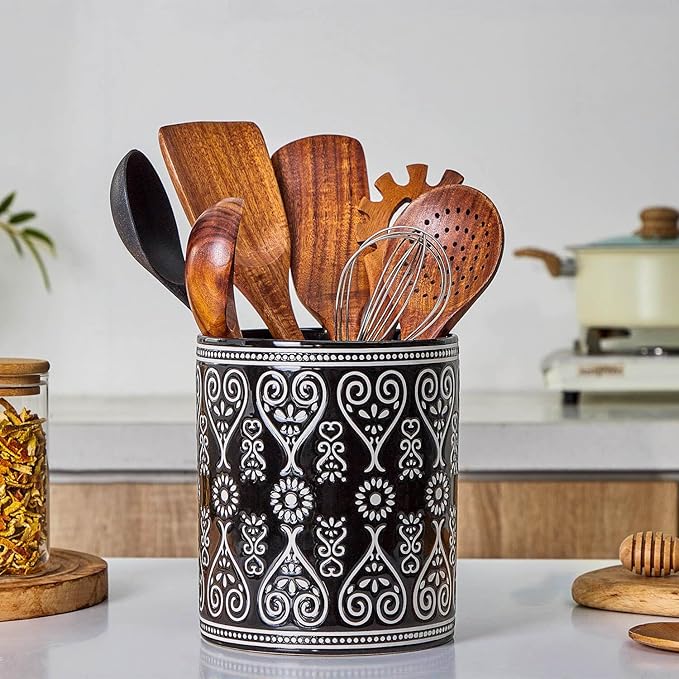 Black Heavy Ceramic Utensil Holder, 7" Extra Large Kitchen Utensil Holder for Countertop, Cooking Ceramic Crock for Farmhouse Kitchen Decor