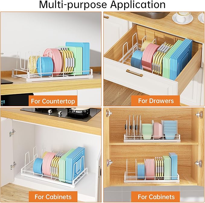 Food Container Lid Organizer for Cabinet,with 6 Adjustable Dividers Detachable,Metal Pot Lid Organizer Rack Storage Plastic Lids Pots Bakeware for Cabinets, Cupboards,Pantry, Drawers (White)