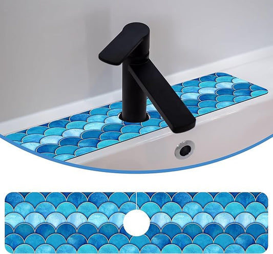 Mermaid Fish Scale Wave Faucet Mat Splash Guard Scale Texture, Soft Diatom Mud Material, Strong Water Absorption, Non-slip,Easy to Clean for Bathroom, Kitchen 23.5"X5.5"