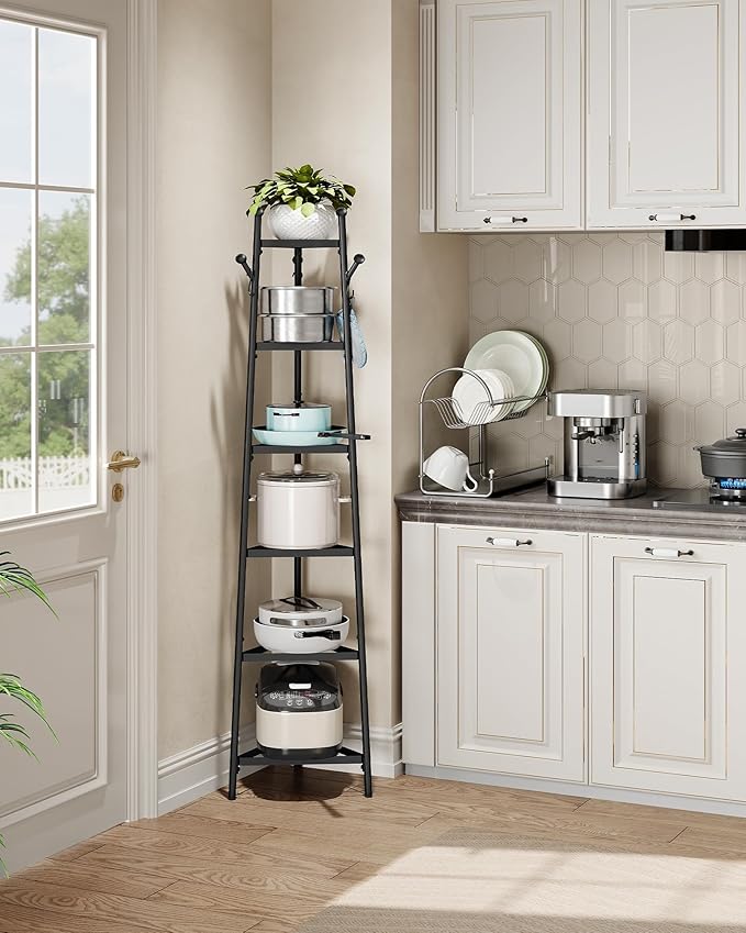 Pot Racks, 6-Tier Cookware Stand, Triangle Shelf Storage Tower for Kitchen, Pans Pots Storage Rack, Metal Wire Shelf Organizer, Corner Shelf, for Kitchen, Living Room, Black TPR15BB