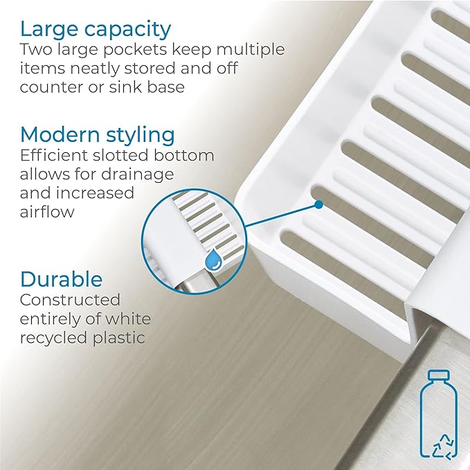 iDesign Sink Saddle Caddy for Kitchen Sink - Sink Saddle for Double Sink with Sponge Holder - White