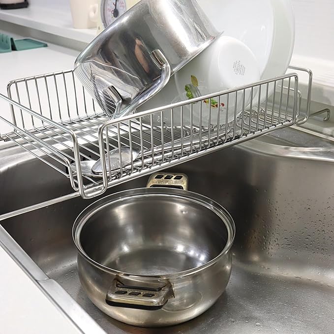 Expandable Over The Sink Dish Drying Rack – Adjustable SUS 304 Stainless Steel Dish Drainer (14"–24" Length), Rust-Resistant Large Drying Organizer, Compact Space Saving Kitchen Rack