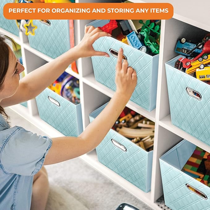 FH Group JIAessentials 12" Faux Leather Foldable Storage Cube Bins Set of 2 – Blue Diamond Patterned Organizers with Handles for Closet & Shelves