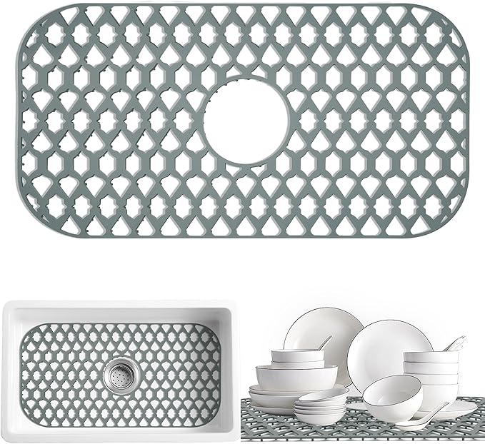 SAMSIER Sink Protectors for Kitchen Sink, Kitchen Sink Accessory - Silicone Mats Grid for Stainless Steel Strainer Bottom of Farmhouse Porcelain sinks (24”x13”, Center Drain)
