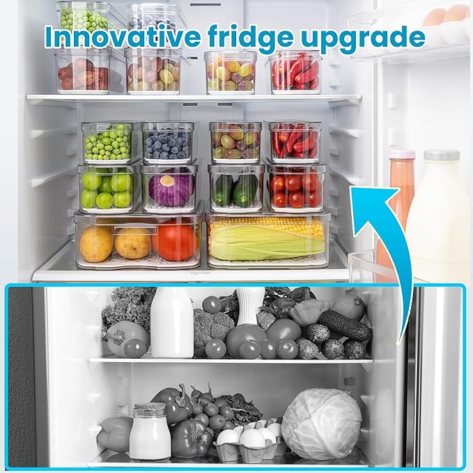 8 Pack Refrigerator Organizers, Clear Pull-out Drawer Container and Organizer Bins with Lids, Stackable Storage Containers for Fruits, Vegetable (Set of 8 (Include Pull-out Drawer))