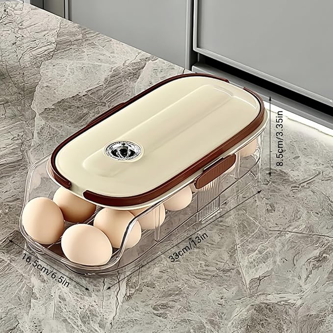 Egg Holder for Fridge: Automatic Rolling Egg Container Egg Dispenser Egg Storage Organizer for Refrigerator with Handle and Freshness Indicator (Single Layer)