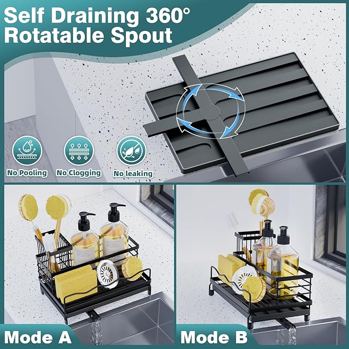 Sponge Holder for Kitchen, Sink Caddy with Tall Brush Holder & Quick-Drain Tray, 360° Swivel Spout, Stainless Steel Sink Organizer, All-in-One Organizer for Sponges, Brushes & Soap