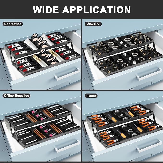 Aobiono Multi Level Smart Drawer Organizer, Multi Tier Expandable Storage Collapsible Foldable Trays for Jewelry, Cosmetics, Makeup, Tools, Battery (Black, Single Row - 2 Levels)