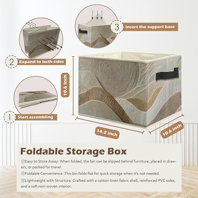 Boho Abstract Neutral Storage Box Bins, Mid Century Modern Beige and White Abstract Collapsible Storage Basket Organizer for Bedroom Laundry Room Home Clothes Toys Books