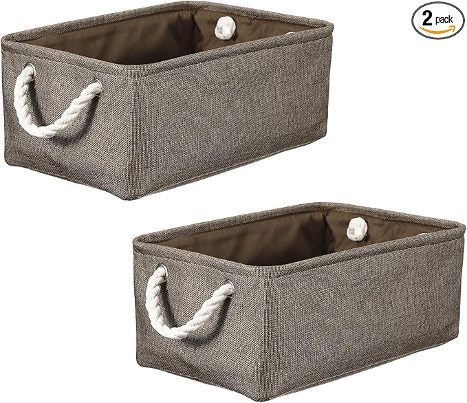 uxcell 2Pcs Fabric Storage Bins, 14 x 10.2 x 6.3 Inch Foldable Storage Cubes with Rope Handles Collapsible Bins Baskets for Home Office Shelves Closet Clothes Books Organizing, Brown