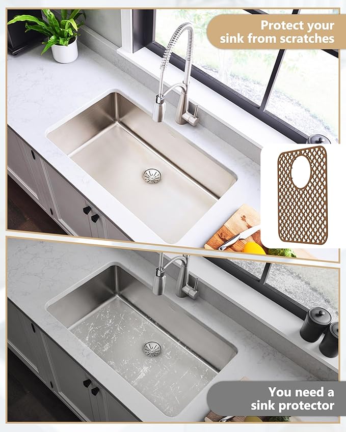 BEHOK 2 Pack Silicone Sink Protectors for Kitchen Sink, Lozenge Pattern 13 x 11 Inches Sink Mat, Non-Slip and Durable Sink Protector Silicone, Rear Drain, Coffee