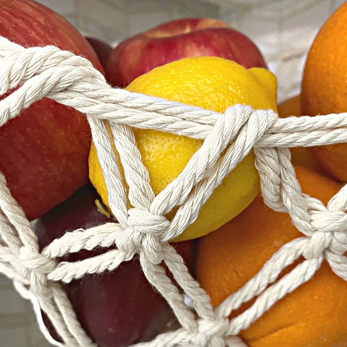Fruit Hammock - Hanging Fruit Basket - Produce and Veggie Storage for Kitchen Under Cabinet - Banana Hook - Macrame Boho Modern (Grey)