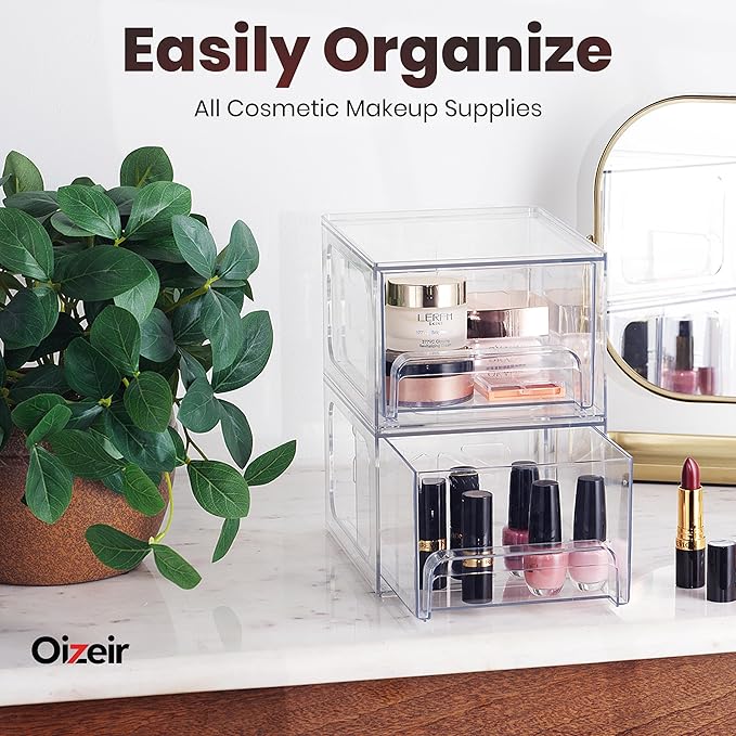 Clear Stackable Storage Drawers - 4-Pack Acrylic Makeup Organizer Bins for Vanity, Bathroom, Countertop, Cabinet, or Kitchen - Perfect for Cosmetics, Office, and Small Item Organization