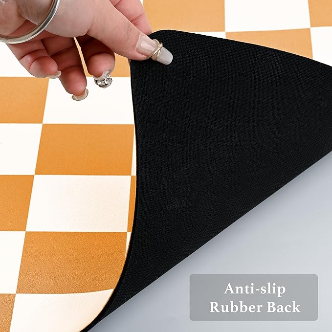 Checkered Dish Drying Mat for Kitchen Counter, Coffee Bar Station Accessories, Retro Cute Aesthetic Modern Absorbent Drainer Mat Kitchen Drying Mat Easy Clean, Orange 16" x 24"