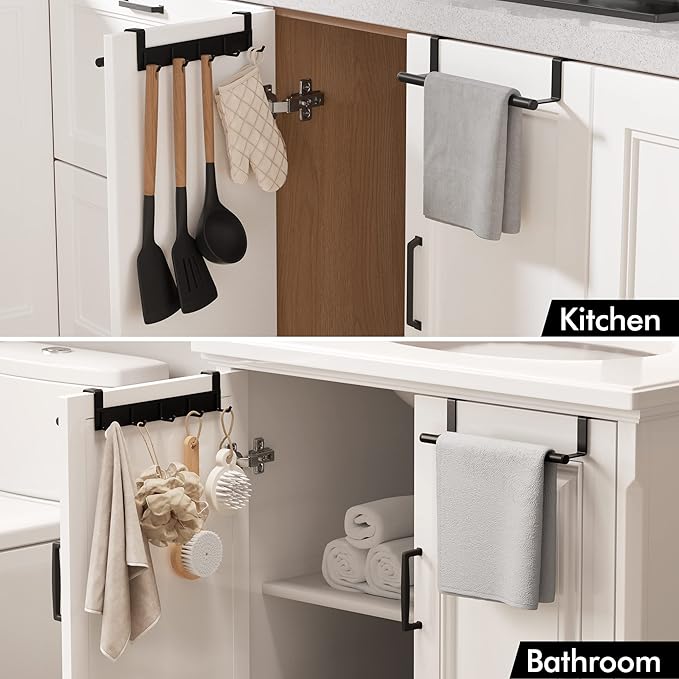 KES Over the Cabinet Door Towel Bar with Hooks, Kitchen Towel Holder with Hooks for Hanging Utensils, Over the Cabinet Door Organizer with Hook 2 Pack, Matte Black, KUR527-BK-P2