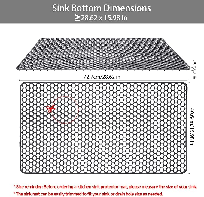 Myirxcv Sink Protectors for Kitchen Sink - 28.62" x 15.98" Silicone Mat - Can DIY Drain Holes - Non-slip Heat Resistant Liner for Bottom of Farmhouse Porcelain Stainless Steel（Grey）
