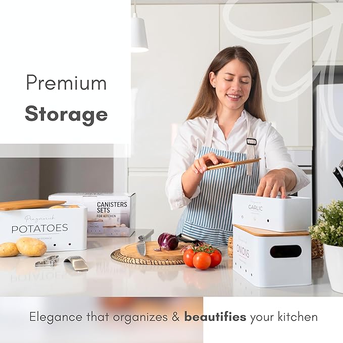 Potato and Onion Storage Bin with Garlic Canister + 3 Stainless Steel Gadgets - Garlic Press, Onion Holder, Vegetable Peeler, Kitchen Vegetable Storage Tin