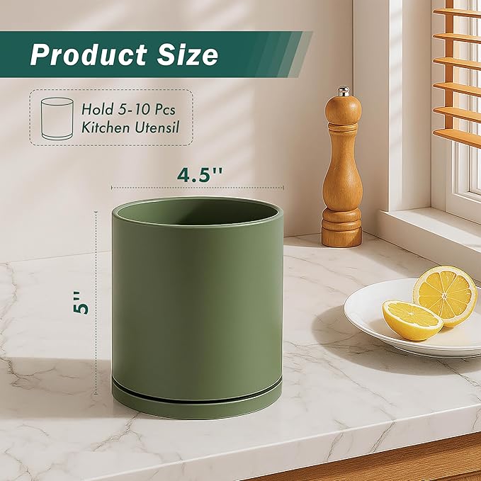 D'vine Dev 360° Rotating Utensil Holder – 5" Kitchen Utensil Crock for Countertop, Modern Cooking Tool Organizer for Kitchen Storage & Décor, Set of 2, Olive, 72-Y-C-1