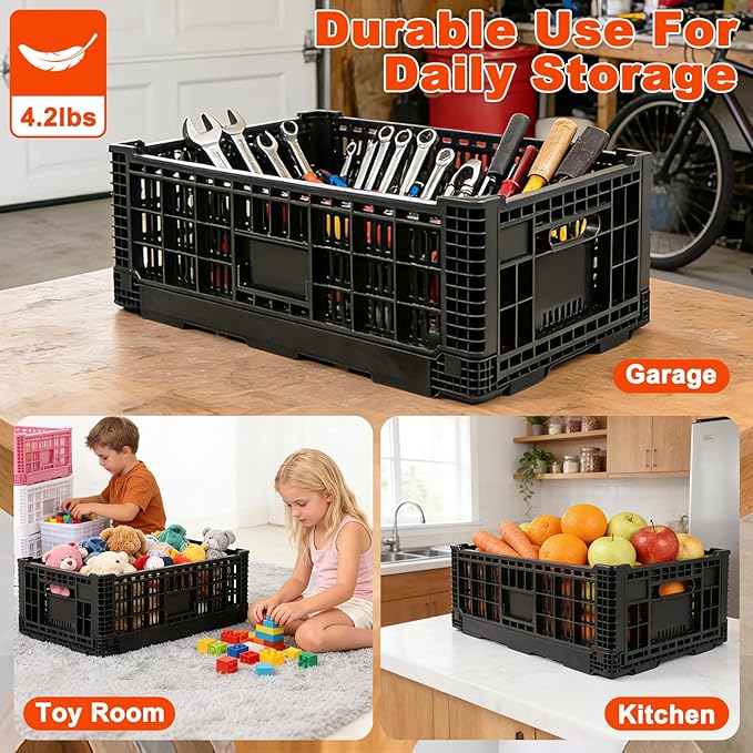 Shineyaplus Collapsible Milk Crate, 1 pck 52L(13GAL) Stackable Storage Bins, Heavy Duty Storage Crates, Plastic Crates for Grocery, Warehouse Organization - Extra Large, Holds 130 lbs Per Bin