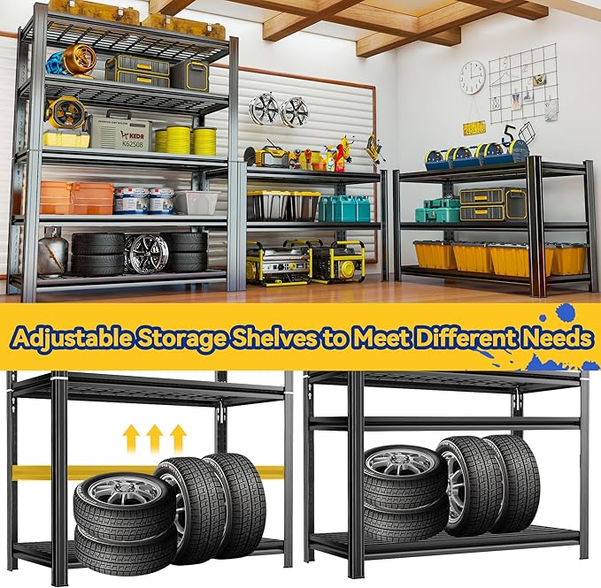 Garage Shelving, Heavy Duty 5-Tier Wire Shelving Unit, 72" H x 48" W x 24" D, 2500 lbs Load Capacity Storage Shelves, Adjustable Metal Shelves for Garage, Kitchen, and Pantry Storage