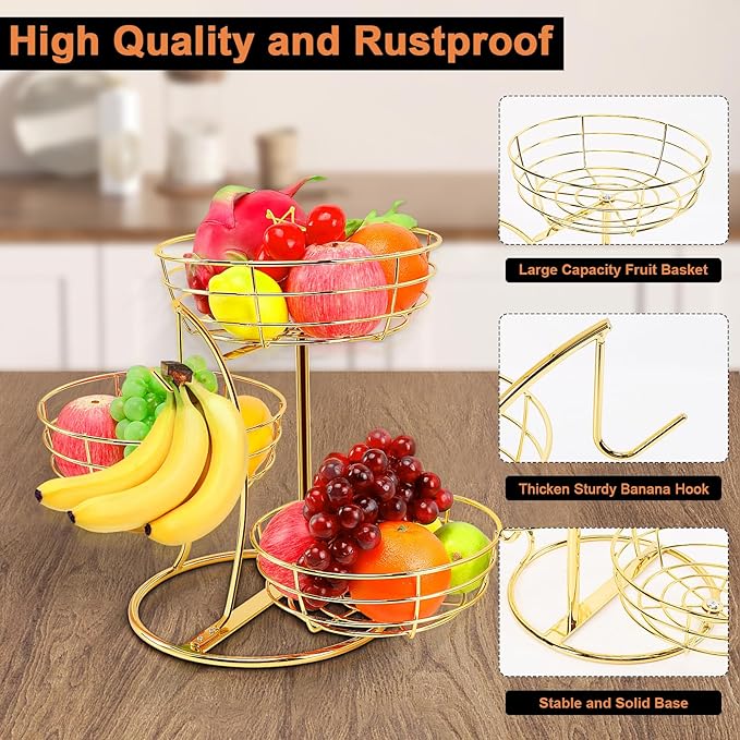Livabber Fruit Basket Bowl with Banana Hanger, Fruit Vegetable Storage Basket with Banana Tree Holder for Kitchen Counter, Detachable Organizer for Bread Snack Produce (Gold, 3-Tier Metal Base)