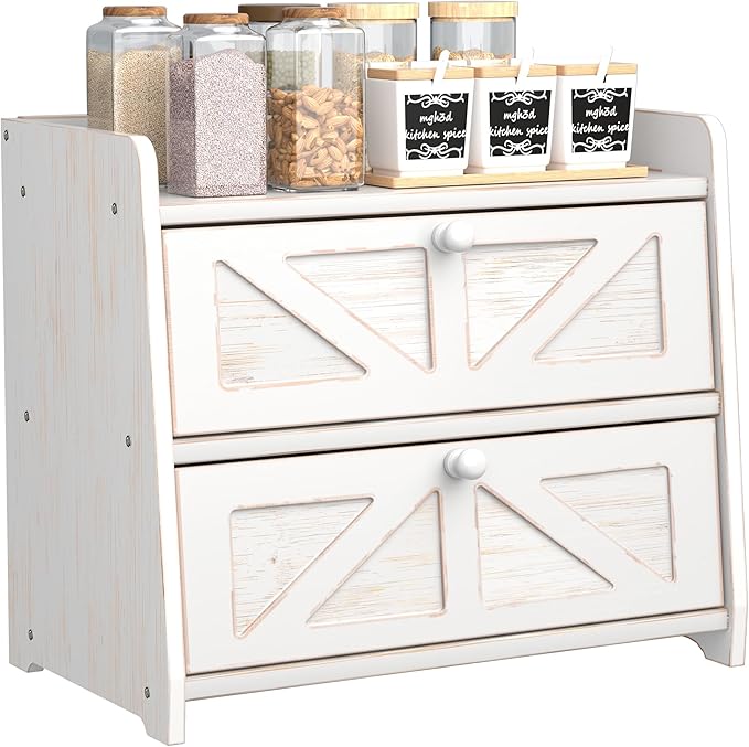 Corner Bread Box for Kitchen Countertop, Vintage Wooden Counter Organizer, Bamboo Bread Storage Bin for Homemade Bread, Small Farmhouse Corner Breadbox Container with Acrylic Window, Vintage White