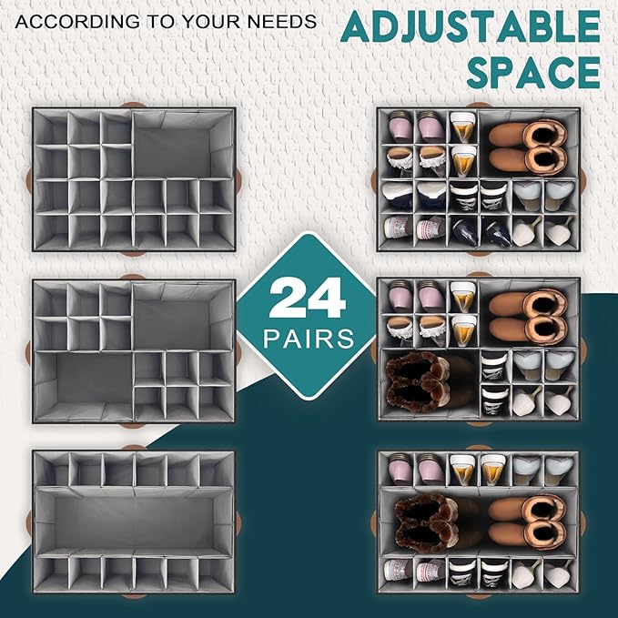 RONCHIL Shoe Organizer for Closet, Foldable Shoe Storage Bins with Clear Cover, Space Saving Shoes Holder with 4 Handles, Large Adjustable Shoe Box Storage Containers, Fits 12-24 Pairs, 2 Pack, Black