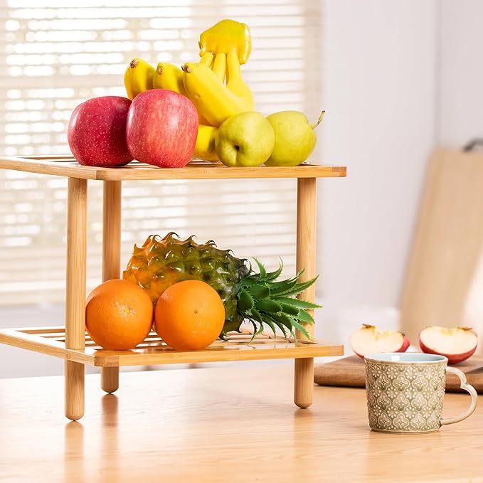 2Pcs 2-Tier Cabinet Organizer Shelf - Bamboo Corner Rack for Kitchen Counter, Cabinet Space Saver for Plates, Dishes, Bowls, Bread - Pantry and Bathroom Storage or Countertop (2, 6.7"H-Large)