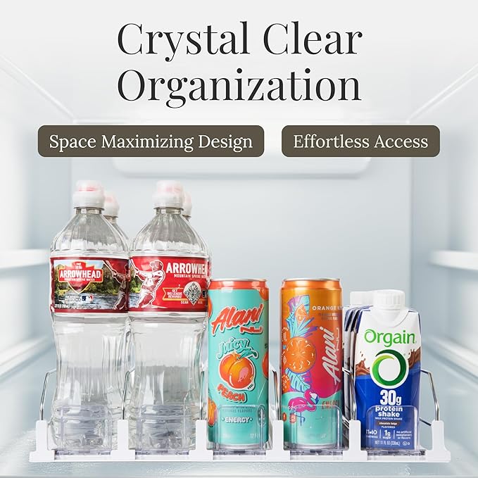 Drink Organizer for Fridge 5-Pack, Spring-Loaded Self-Advancing Can & Bottle Dispenser, Refrigerator Soda/Beer Can Organizer Rack for Water & Energy Drinks, Space-Saving, White