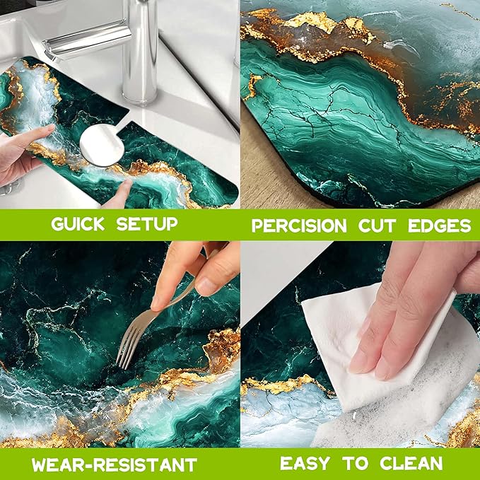 Emerald and Gold Marble Texture Kitchen Sink Splash Guard Faucet Mat Super Absorbent Fast Drying Mat Guard Behind Faucet Drip Catcher for Kitchen Bathroom, 15.5"X5.5"