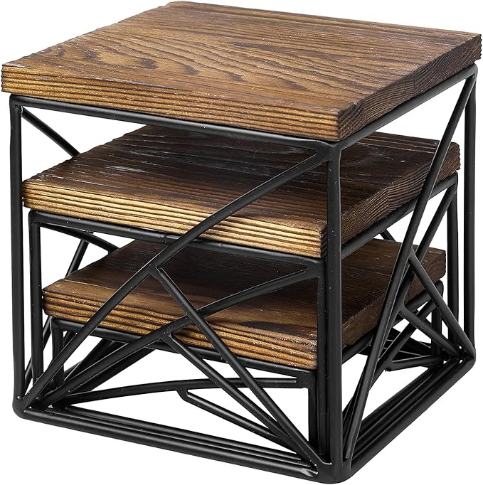 MyGift Modern Tabletop Square Dessert Stand Risers, Cake and Appetizer Display Nesting Pedestals with Rustic Brown Wood Top Shelf and Metal Wire Base, Set of 3