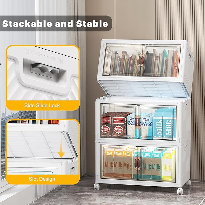 VNVTO 330Qt Stackable Storage Bins with Lids, 6 Pack Collapsible Bins with Wheels, Plastic Cabinet with Doors, Foldable Closet Organizers and Storage for Home, Dorm, Office, White