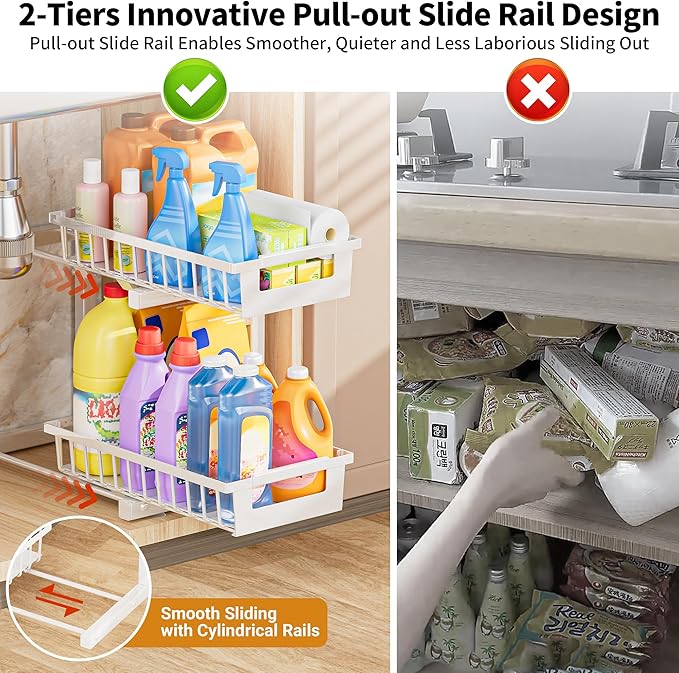 TOFWOF Under Sink Organizer 2 Pack, 2 Tier Adjustable Height Reinforced Carbon Steel Under Kitchen Bathroom Sink Storage Organizer, Smooth Pull-Out Under Sink Cabinet Rack Drawer Organizer, White