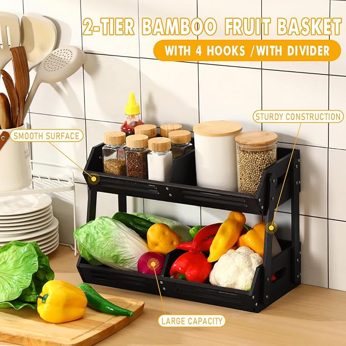 2 Tier Fruit Basket for Kitchen Counter Fruit Storage Large Black Wood Vegetables Basket with Banana Hooks Bowl Stand Holder Snack Organizer Countertop Onion Bread Pantry