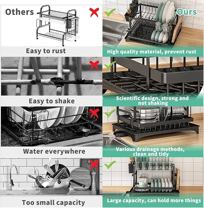 Dish Drying Rack, 2 Tier Large Dish Drying Rack for Kitchen Counter with Drainboard Stainless Steel Dish Drainer for Dish/Knifes/Cup/Cutting Board, Black