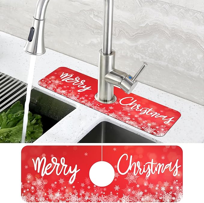 Merry Christmas Snowflake Kitchen Sink Splash Guard Mat Absorbent Fast Drying Mat Faucet Draining Mat Sink Splash Guard Behind Faucet Drip Catcher for Kitchen Bathroom 5.5"×15"