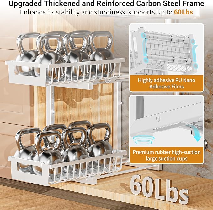 TOFWOF Under Sink Organizer 2 Pack, 2 Tier Adjustable Height Reinforced Carbon Steel Under Kitchen Bathroom Sink Storage Organizer, Smooth Pull-Out Under Sink Cabinet Rack Drawer Organizer, White