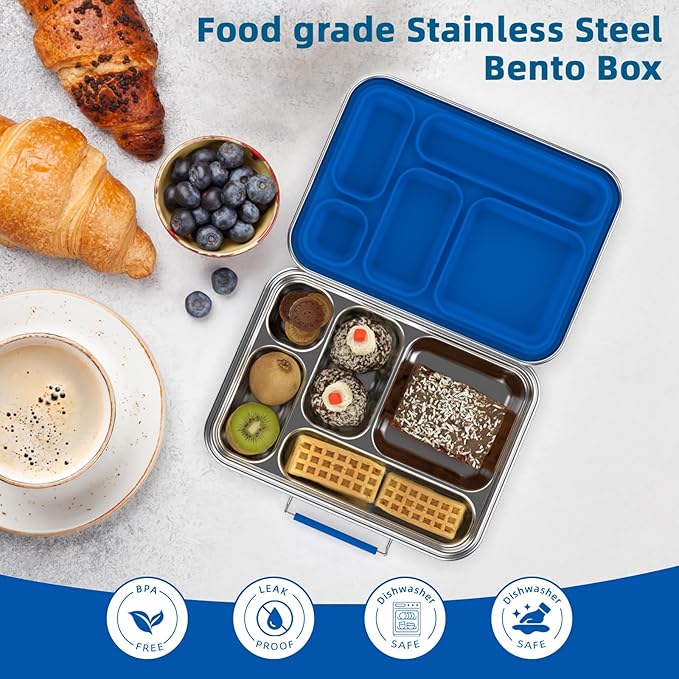 Stainless Steel Bento Box for Adults, 5-Compartments Leak-Resistant Stainless Steel Lunch Container with 2 Container, Dishwasher-Safe,Design for Office Picnics and Travel,BPA-Free Blue