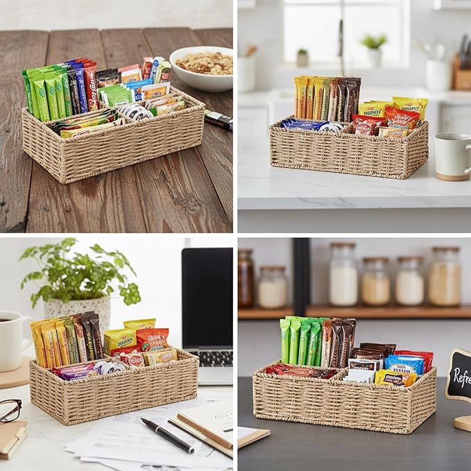 Drink Packet Organizer, Water Flavor Packets Container with 4 Compartments, Sugar Packet Holder, Wicker Snack Bar Organizer, Pantry Organizers and Storage