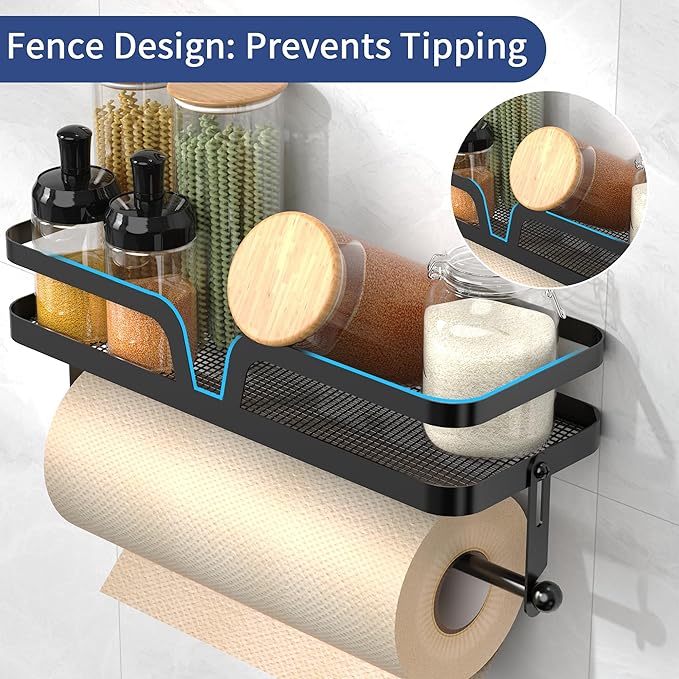 Taozun Paper Towel Holder with Shelf & Side Straw Basket, Black Kitchen Paper Holder Spice Rack Black Paper Towel Roll Holder RV Paper Towel Rack with 4 Hooks