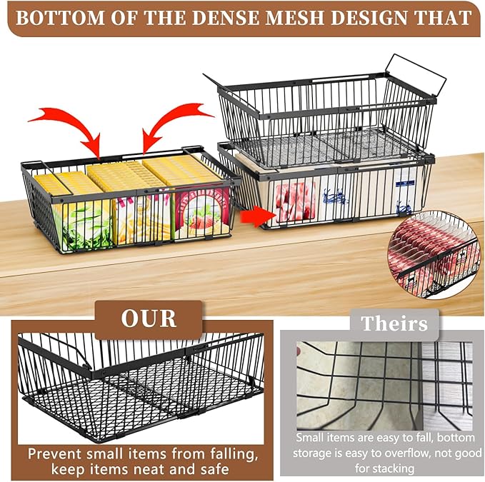 Large Freezer Organizer Bins，Upgraded Bottom Leak-Proof net，2 Pack， Expandable Stackable Chest Freezer Containers with Handle，for Fridge, Deep Freezer, Cabinet, Kitchen, Pantry (Black-6Pack)