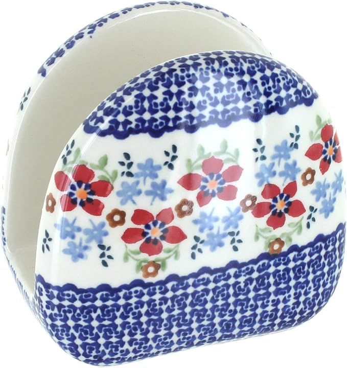 Blue Rose Polish Pottery - Red Poppy Napkin Holder - 5" x 5" - Ceramic Napkin Holders, Decorative Dining Table Accessories